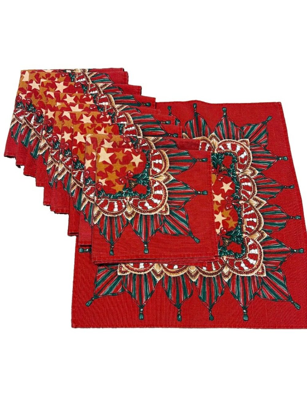 Vintage Holiday Christmas Dinner Napkins Red Holly Bows Stars 16X16"  Set of 10